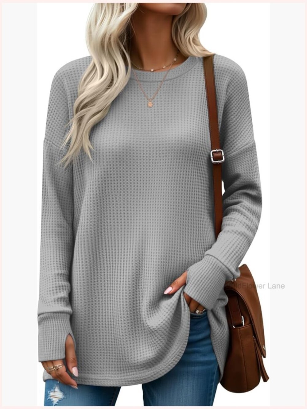 Oversized Waffle Knit Tunic Top Long Sleeve Thumb Hole